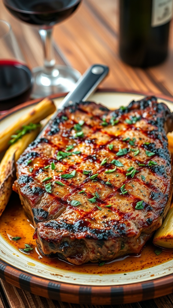 Savory Garlic and Herb Steak Marinade Recipe Grilled steak marinated in garlic and herbs, served with roasted vegetables and a glass of wine.